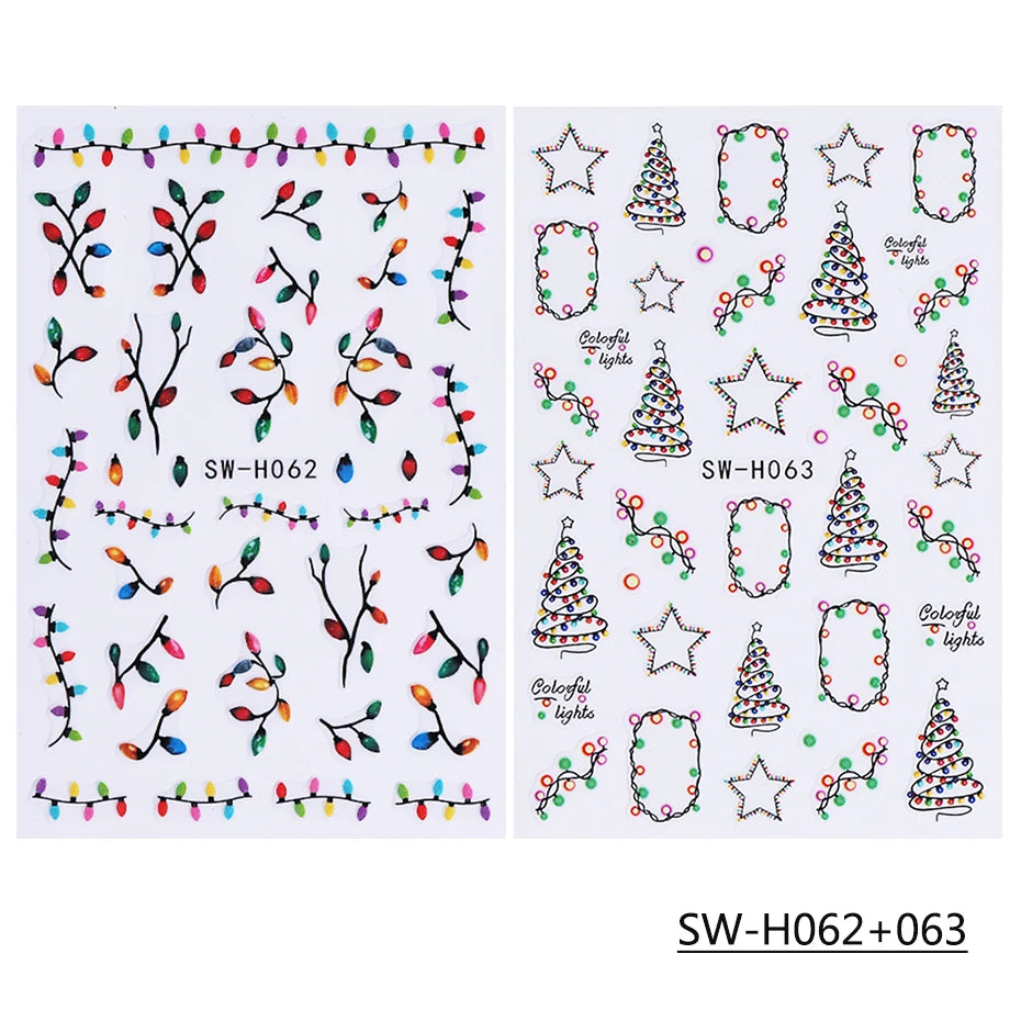 2pcs Glow In The Dark Christmas Nail Stickers Colorful Light Bulb Star Xmas Tree Pattern Nail Decals DIY Manicure Decor Sliders