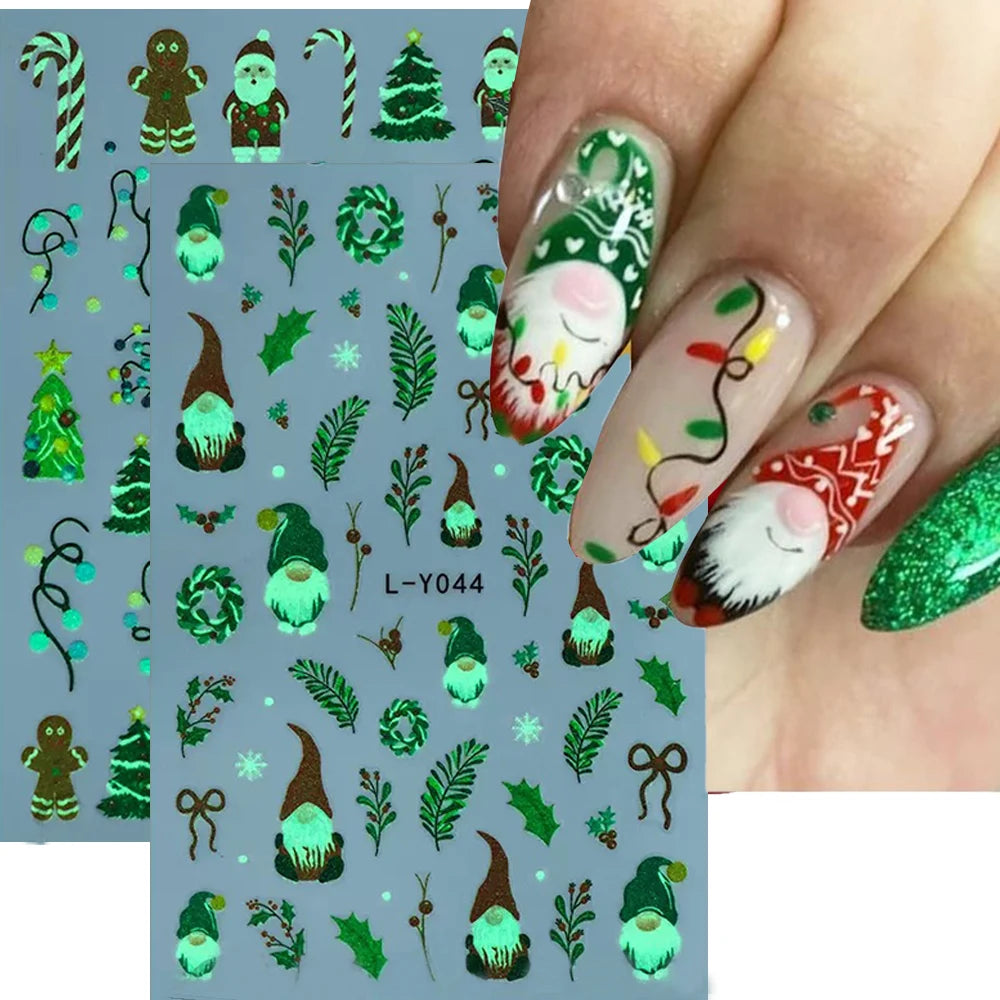 3D Luminous Light Bulb Christmas Nail Sticker Snowflake/Santa Claus/Wreath Self-Adhesive Nail Decals Xmas Glowing Manicure Decor