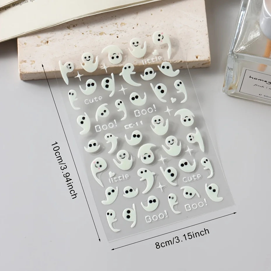 Halloween Nail Stickers - 3D Glow in Dark Cute Ghost Design Luminous Self Adhesive Nail Decals for Halloween
