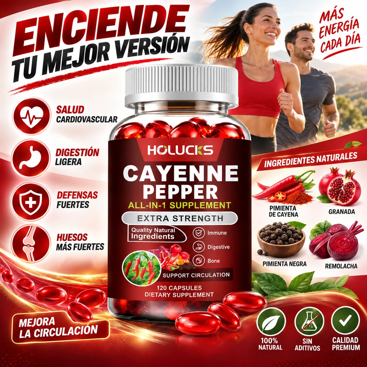 Cayenne Pepper Capsules, with Vitamin D3 K2, Blood Circulation, Promote Digestion, Boost Metabolism, Support Joint, Bone Health