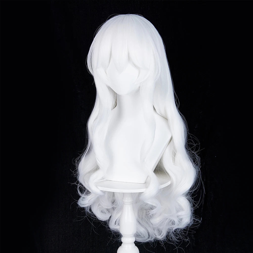 White Long Wavy Anime Game Cosplay Synthetic Wigs with Bangs Fluffy Heat Resistant Wig for Daily Party