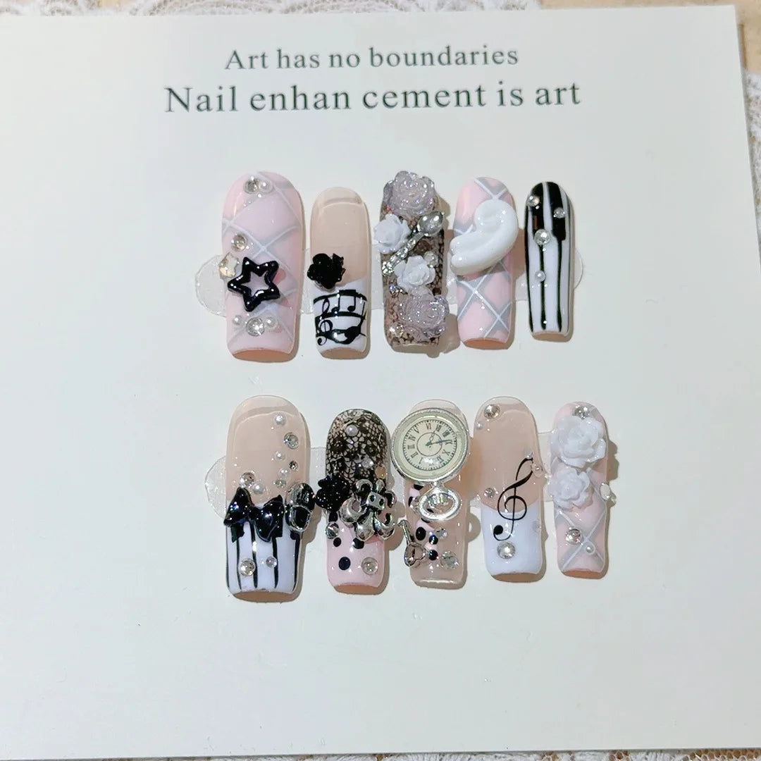 10pcs Handmade Long Coffin Press on Nails Halloween Cyberpunk Dark Rivet Design False nails European Heavy Metal Fake Nail Tips