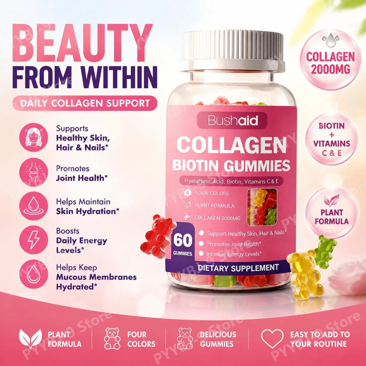 BushAid Collagen Biotin Gummies, Skin Hydration, Healthy Hair & Nail, Beauty Routine and Joint Comfort Support, 60 Gummies