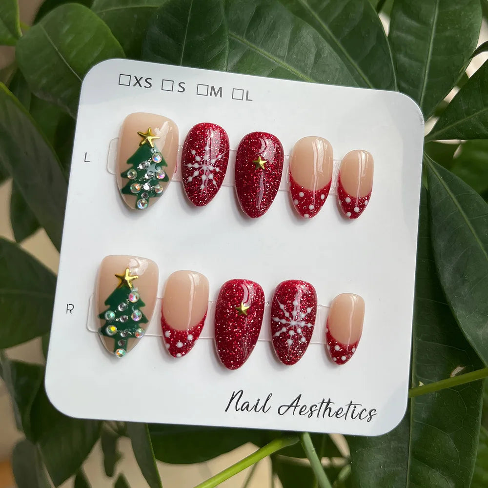 Handmade Short Almond Press On Nails Red Glitter Christmas False Nails Rhinestone Christmas Tree Snowflake Design Reusable 10Pcs