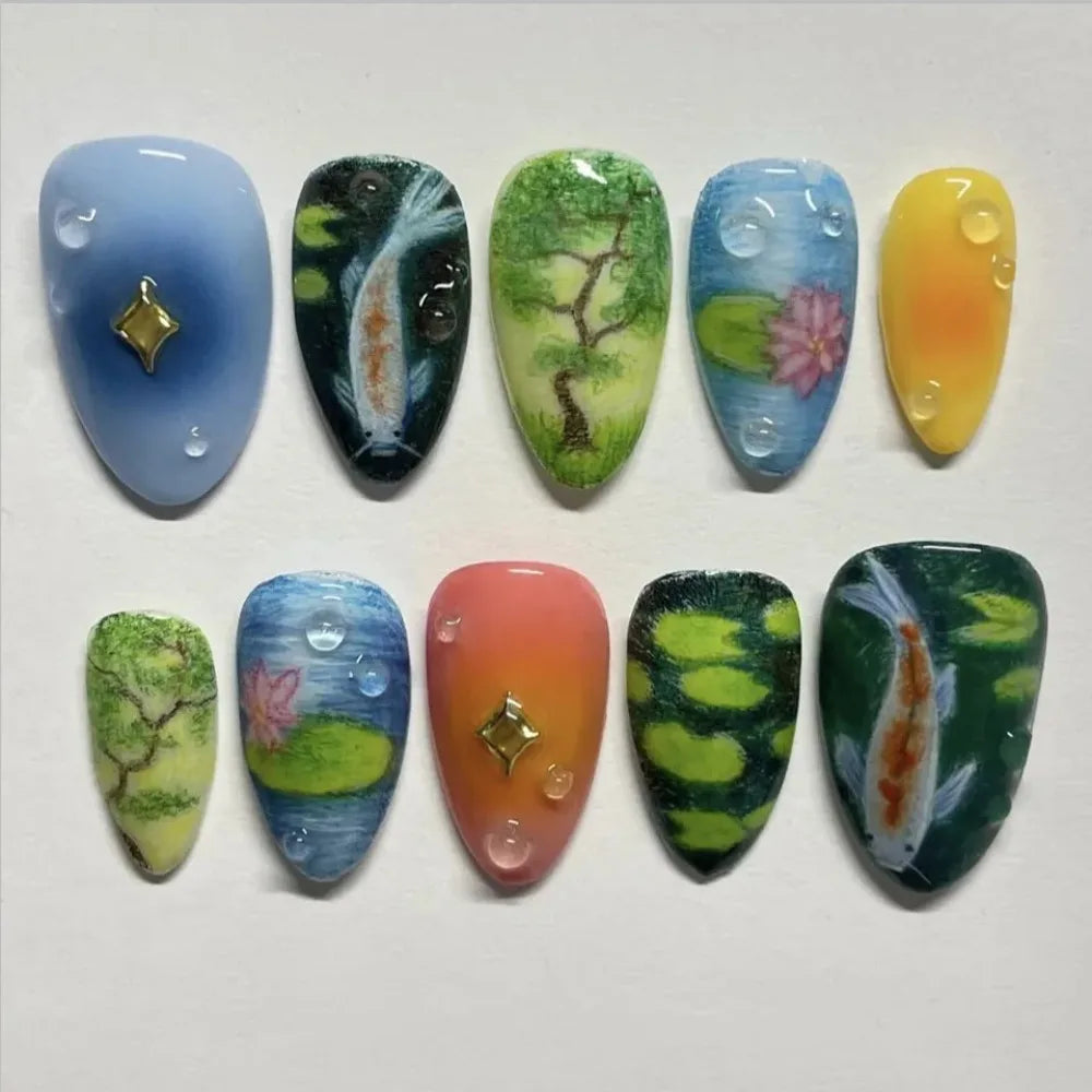 24PCS Cute Cartoon Red Apple False Nails Green Polka Dots Plaid Patterns French Fake Nails Tip Sweet Fruit Almond Nails Press On