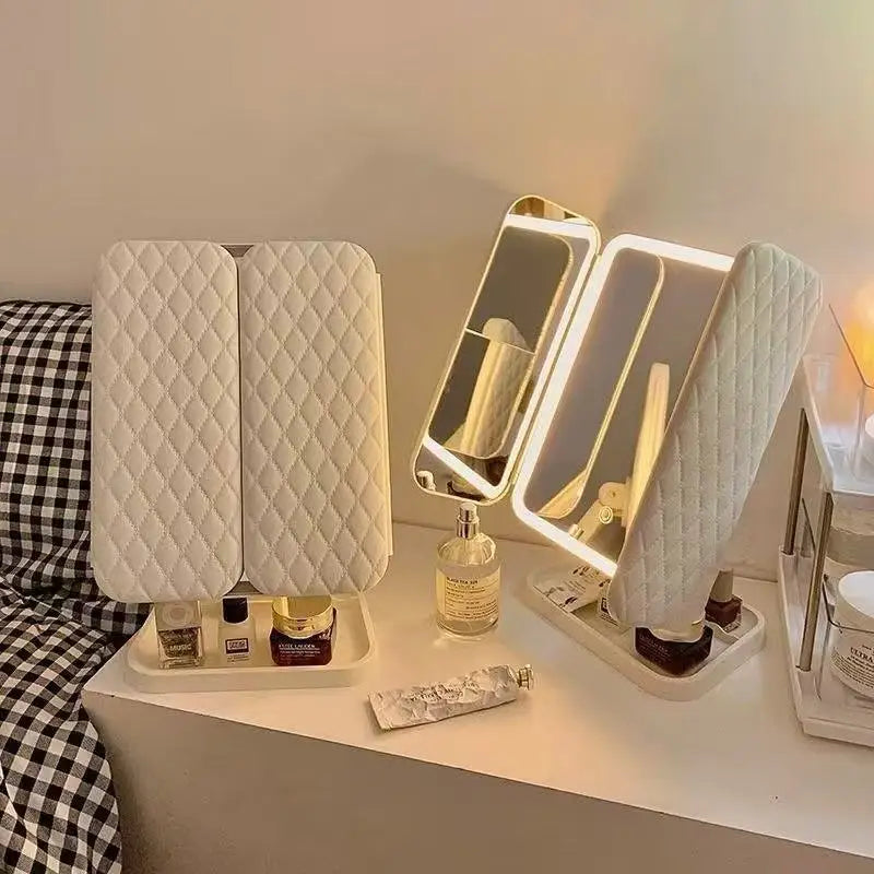 LED Makeup Mirror Desktop with Light, Ins style，Three-sided Folding, Dormitory Desktop, Beauty and Bedroom Dressing Mirror，