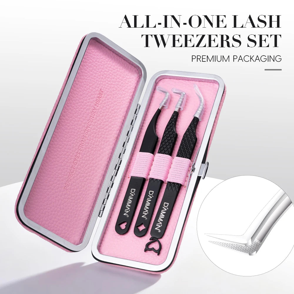 DAMMAN 3PCS Lash Tweezers Set Fiber Tip Tweezers for Eyelash Extension High Precision Eyelash Tweezers with Leather Case