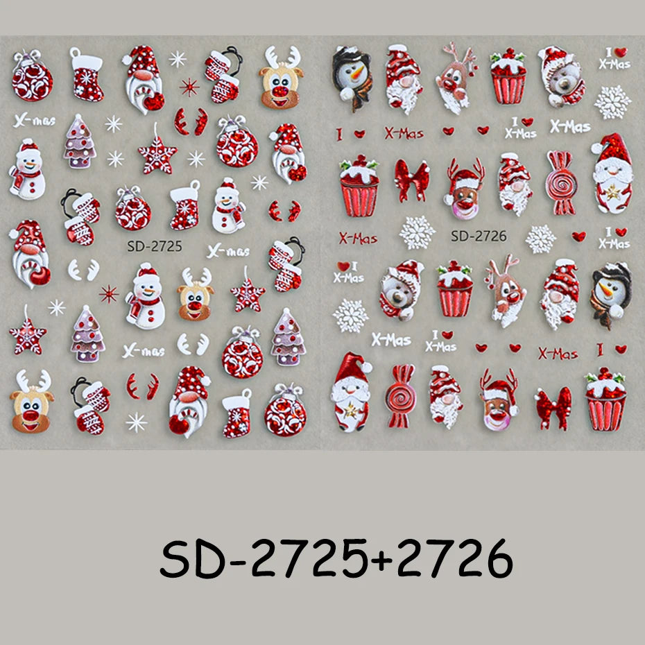 2 pcs Christmas Series Nail Stickers Cartoon Santa Claus Snowman Deer Bear Penguin Nail Decals Winter Xmas Holiday Nail Supplies