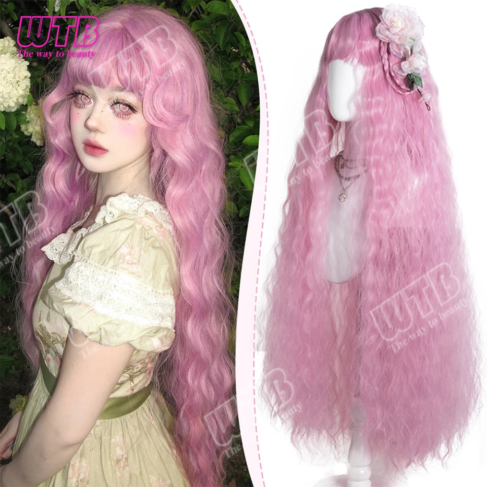 Synthetic Wig Pink Extra Long Wavy Curly Wig Lolita Wig with Bangs Suitable for Women to Wear for Holidays Parties and Cosplay