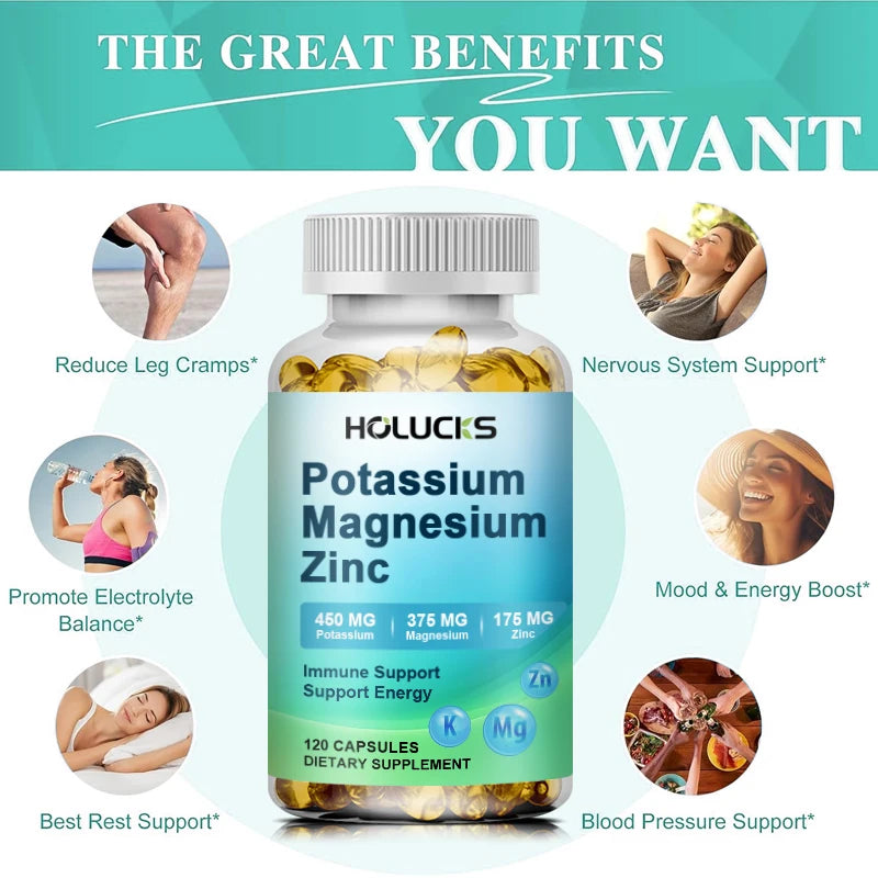 Potassium Magnesium Zinc Capsules - Bone & Heart Health Supplement, Sleep Support, Muscle Relaxation, Stress & Anxiety Relief