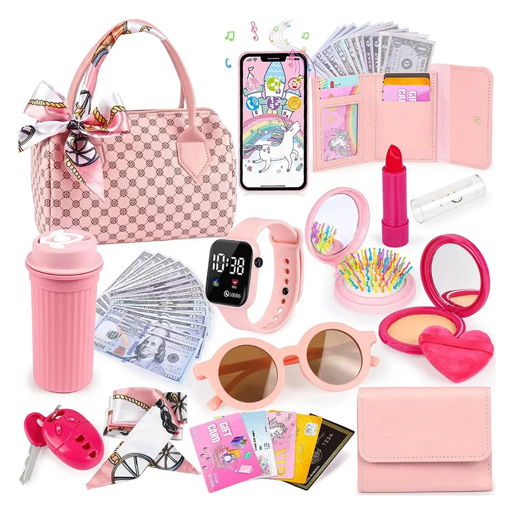 Little Girls Play Purse Kids Pretend Play Purse Cell Phone/Makeup/Keys Princess Makeup Cosmetic Set for Christmas Birthday Gift