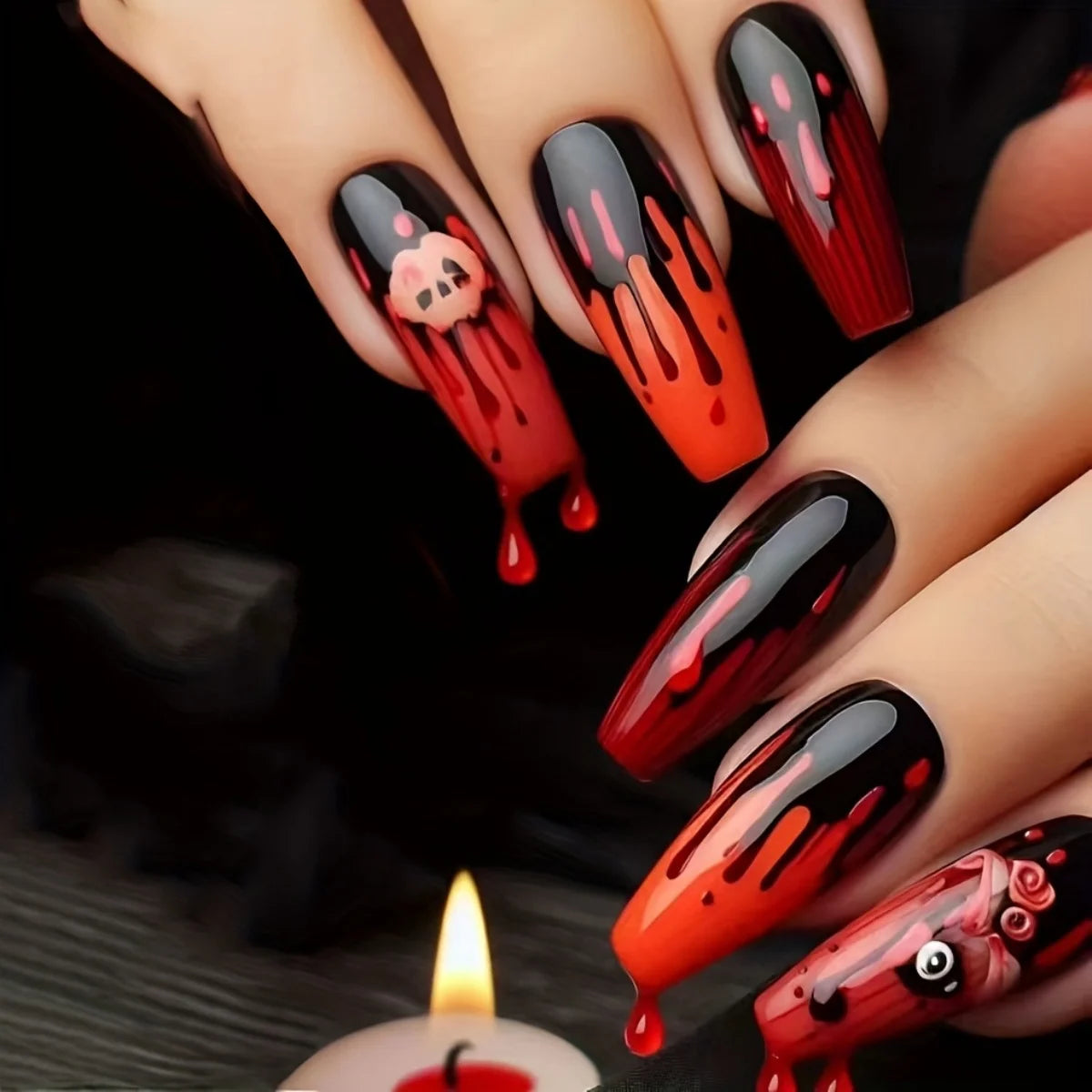 24pcs Wearable Press on Nails Halloween Flower Design Long Coffin False Nail Black Red Tips Fake Nails Sets Bat Ballet Manicure