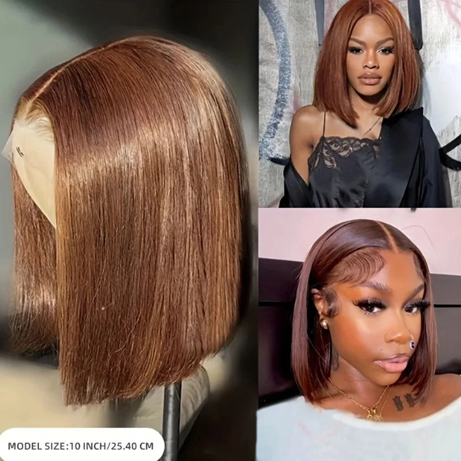 8-16 Brazilian Short Bob Wigs #4 Brown Straight 13x4 HD Transparent Lace Frontal Wigs Pre Bleached Glueless Short Bob Wigs Hair