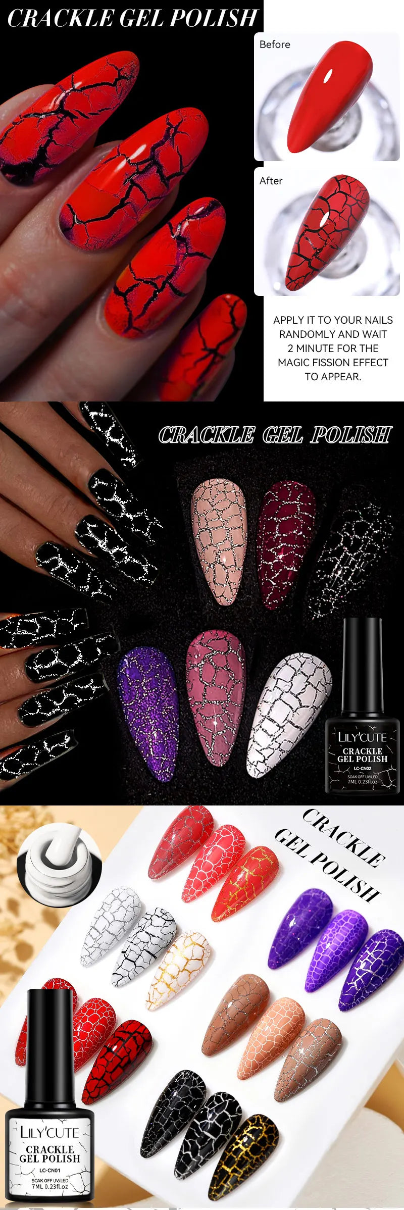 LILYCUTE 7ml Crackle Gel Nail Polish Cracking Nail Gel Quick Dry Nail Art Varnishes Hybrid Semi Permanent Soak Off Base Top Coat