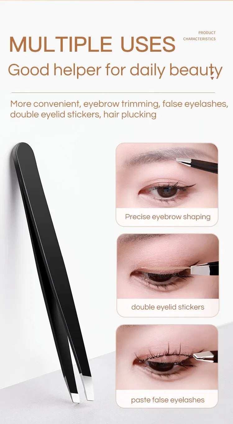 GECOMO Stainless Steel Black Eyebrow Tweezer with Slant and Flat Point Beauty Tools for Eyebrows & Ingrown Hair Removal
