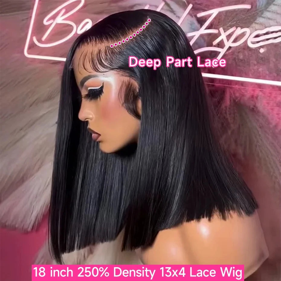 Natural Black Bob Wig Human Hair Blunt Cut Bone Straight 13x4 Transparent Lace Front Wig Ear to Ear Shoulder Length Straight Bob Wigs For Women 250% 280% Density