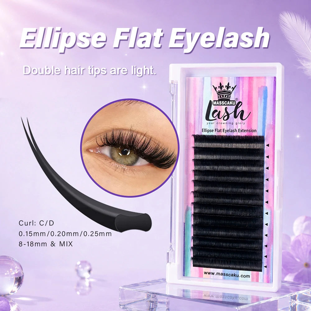 MASSCAKU Super Soft Ellipse Shape Lashes 0.15 0.20 Thickness Natural Faux Mink Eyelashes Extension Custom Logo Matte Flat Lashes