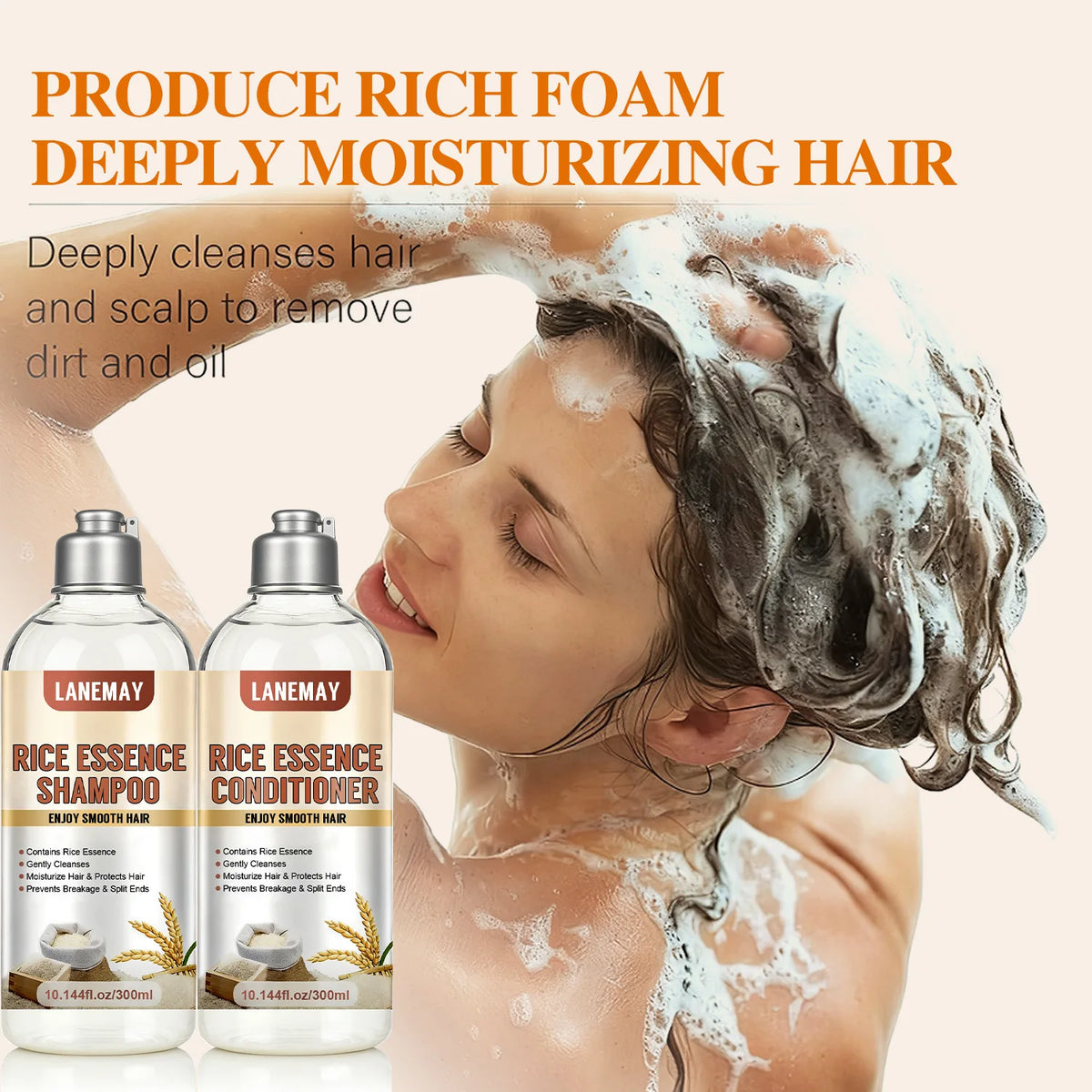 Rice Essence Shampoo & Conditioner Set – Gentle Cleansing with Deep Moisturizing for Smooth, Tangle-Free Hair.
