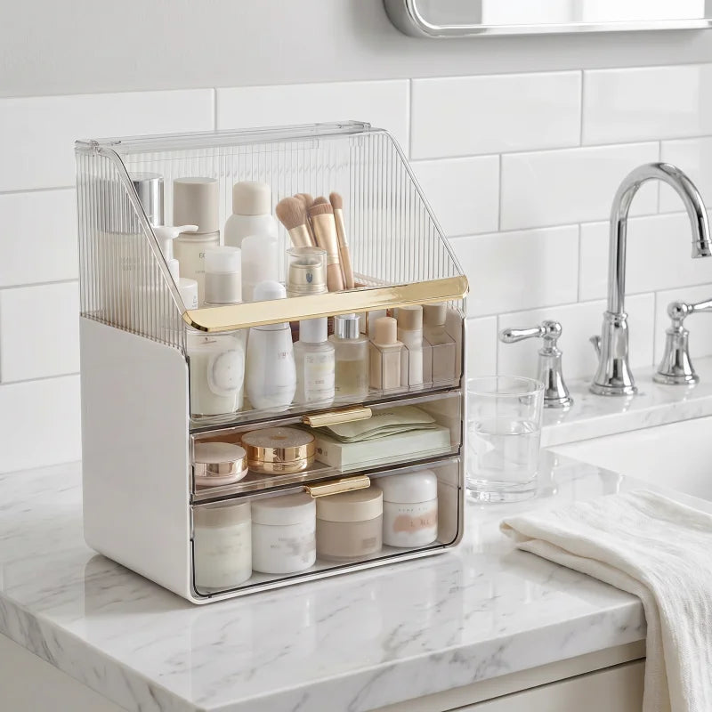 Makeup Organizer Countertop with Lid 3 Tiers Clear Skincare Cosmetic Display Storage Case for Vanity Bedroom Bathroom Dresser