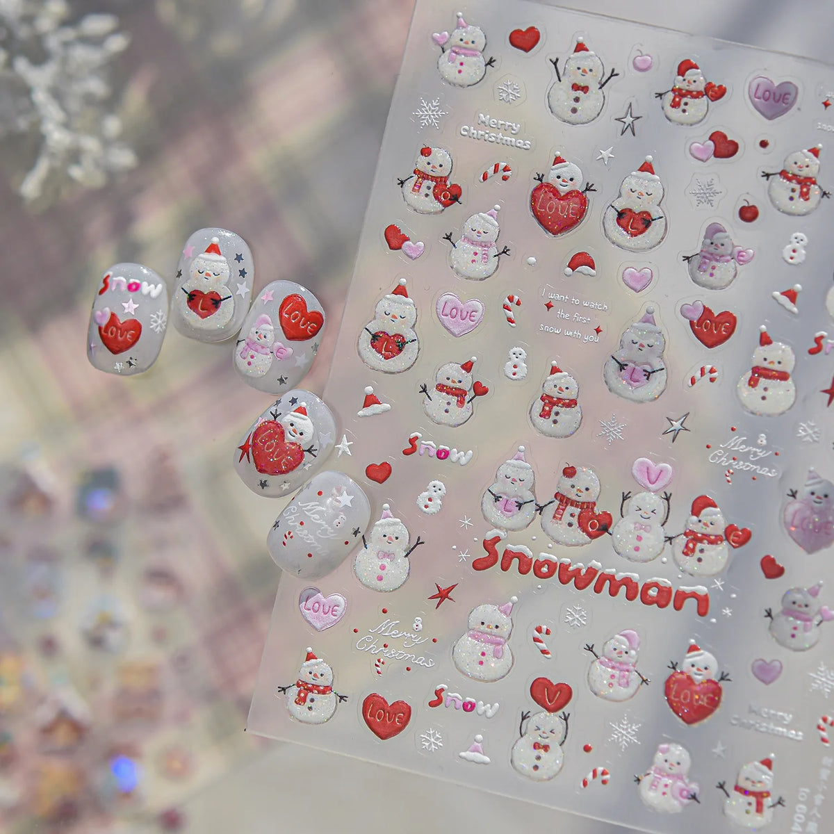 Glitter Red Hat Snowman Heart Snowflake Candy Cane Xmas 5D Nail Decals Winter Christmas Self-adhesive Nail Art Sticker Manicure