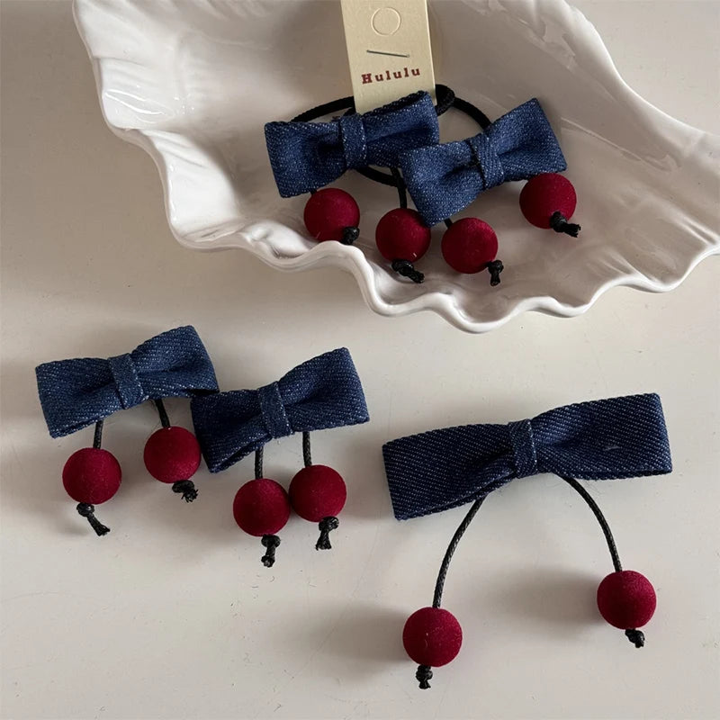 Winter Denim Fabric Cherry Bow Children's Hairpin Cute Girl Hair Band Christmas Decoration Headgear Hairpin New Year Gifts