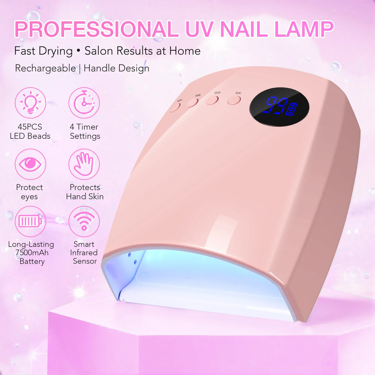 168W UV LED Nail Lamp Rechargeable Cordless Nail Dryer with 4 Timing Modes UV Light for Manicure with 7500mAh Battery