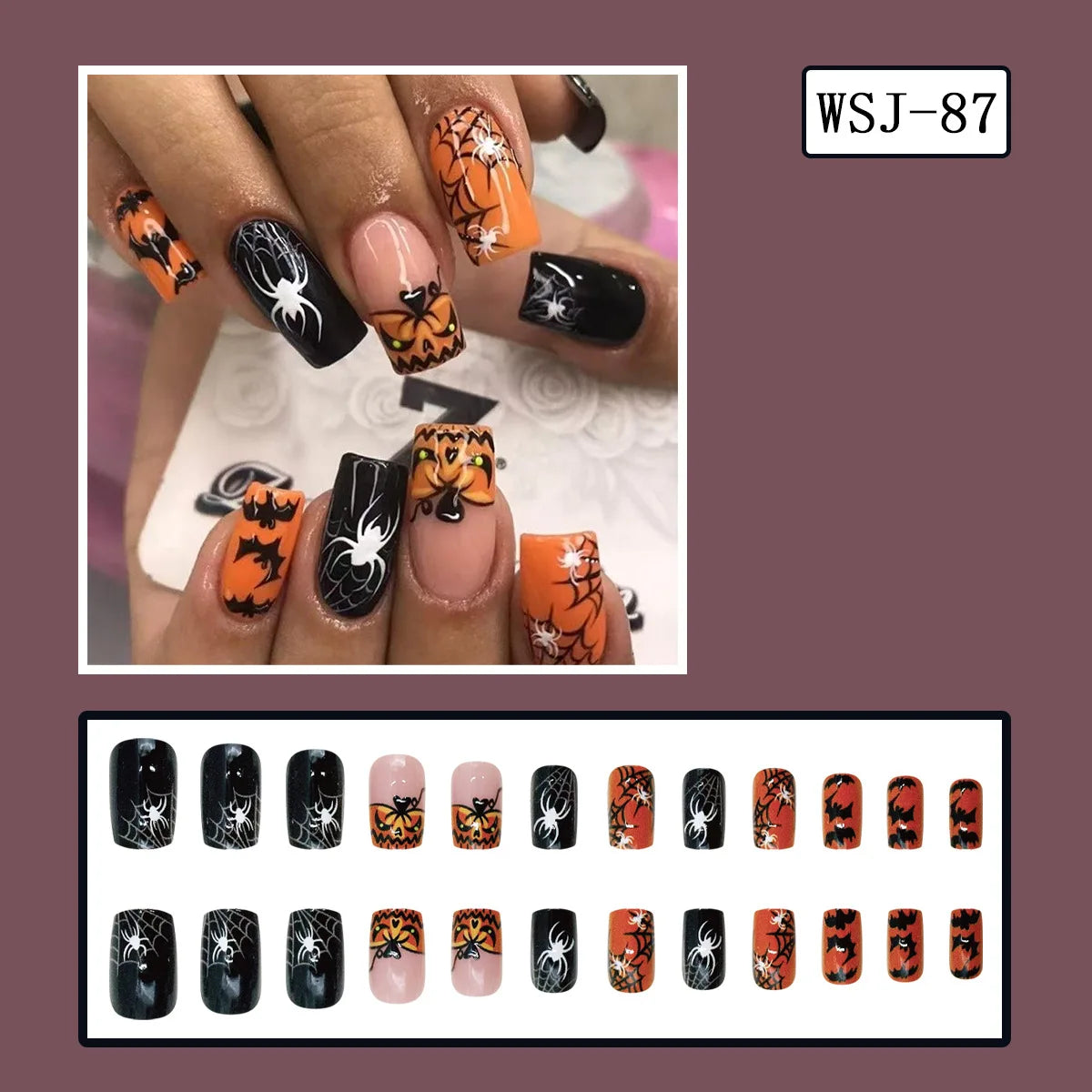 24pcs Simple Almond Press on Nails Cute White Ghost Bat Decor False Nails Wearable Reusable Spicy Cool Halloween Fake Nail Tips
