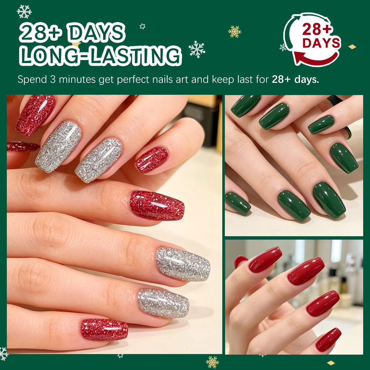 6 Colors Christmas Holiday Gel Nail Polish Set, Dark Green Red Silver Champagne Glitter Gel Polish Kit for Christmas Manicure