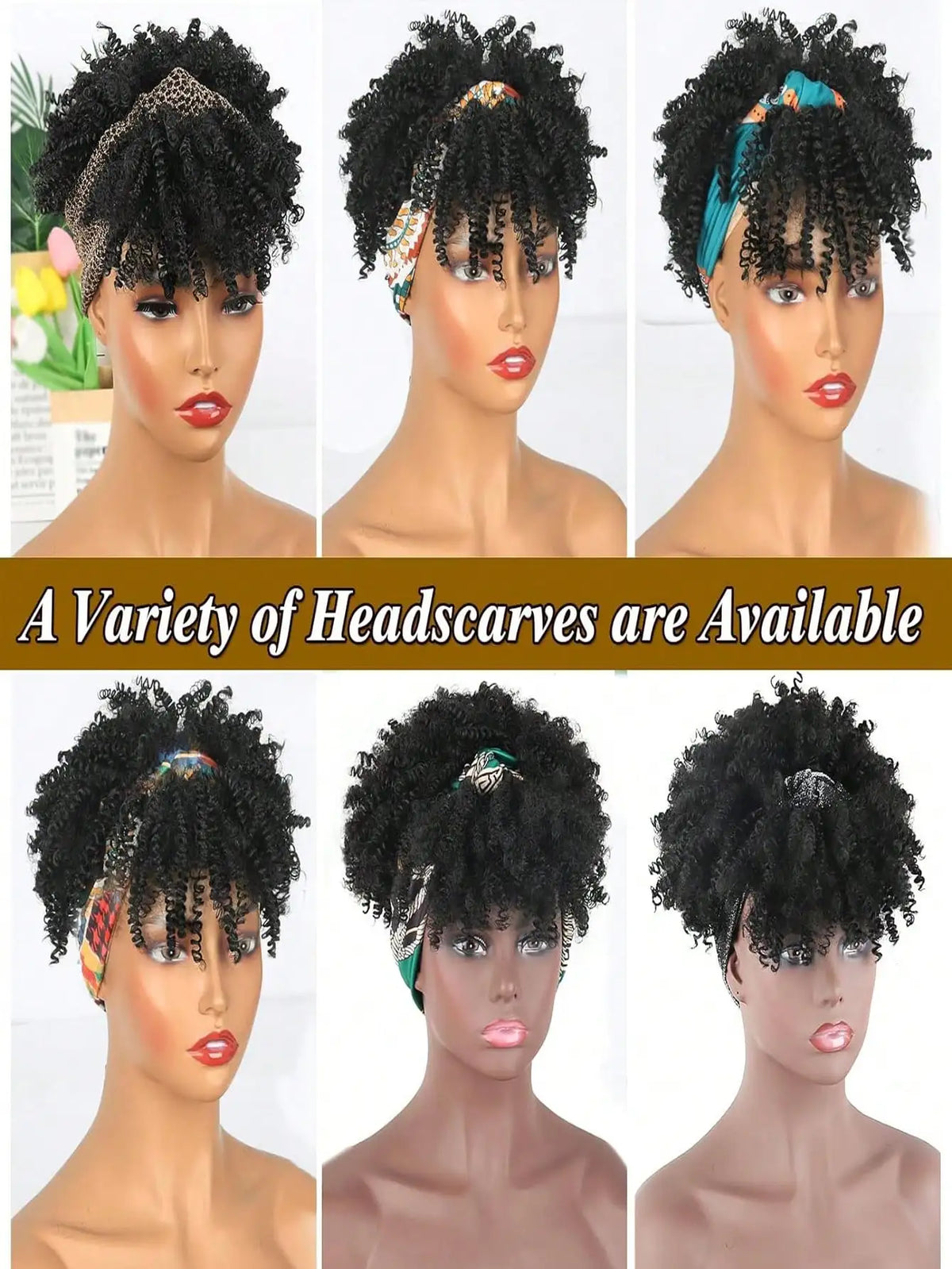 Headband Wigs for Synthetic Short Afro Kinky Curly Wigs Dark Brown Wig with Bangs Wrap Wigs 2 in 1 synthetic Wig Drawstring