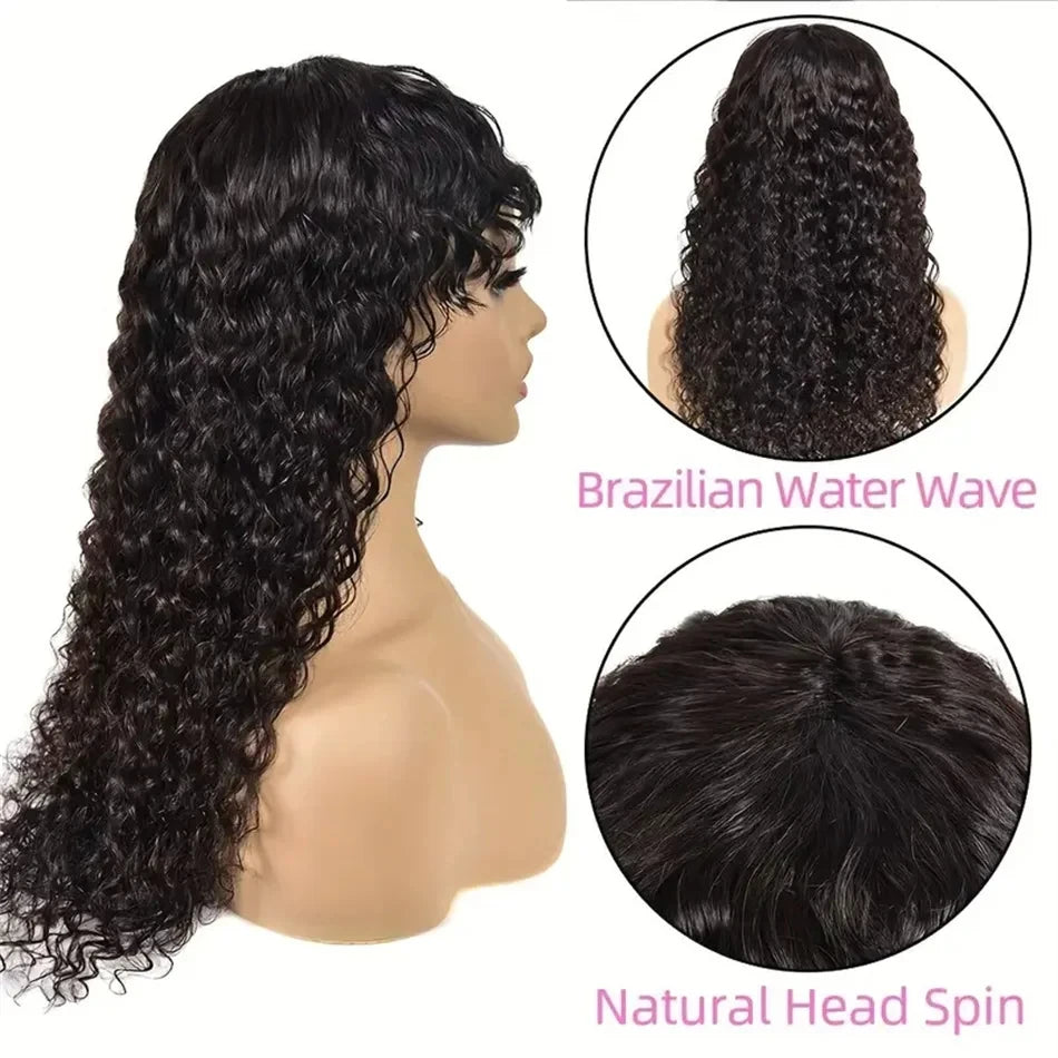 Water Wave Human Hair Wigs With Bangs For Women Full Machine Made Wigs Cheap Brazilian Remy Hair Wigs