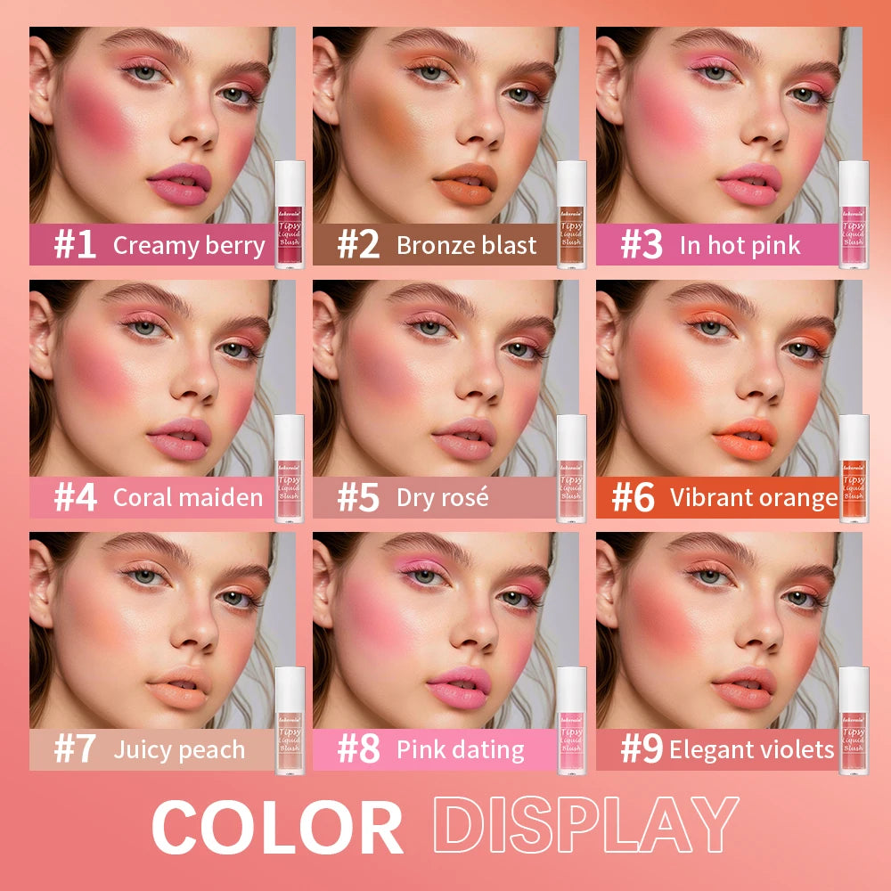 9 Shades Beauty Liquid Blush Lightweight Blendable Dewy Finish Liquid Cheek Tint Long‑Wearing Natural Flush Multi‑Use Face Blush Makeup