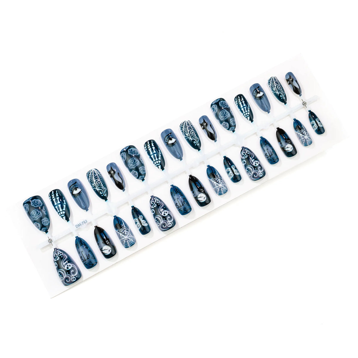30pcs Halloween Press On Nails Gothic Skeleton Skull Spider Web Black Cat Haunted House Fake Nail Almond False Nail for Women