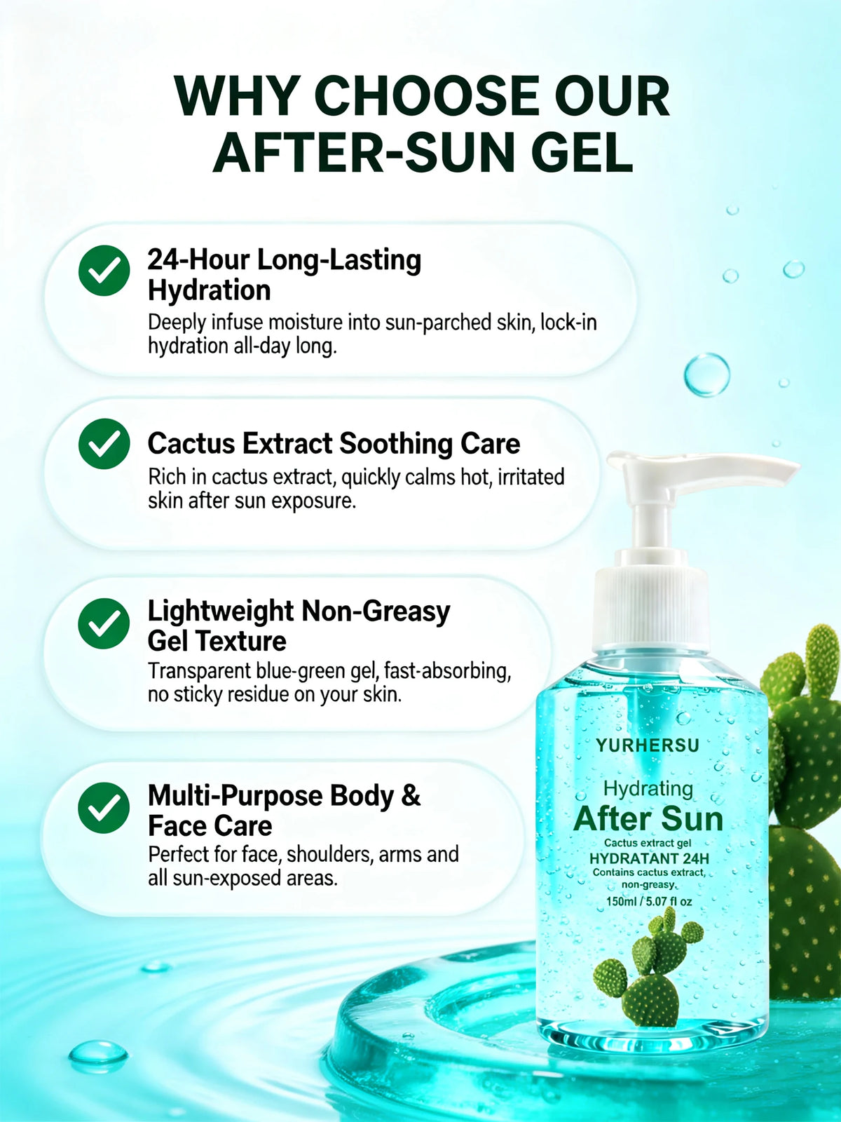 Soothing After Sun Gel，Daily Soothing Gel with Aloe Vera for Face and Body, Refreshing After-Sun Care