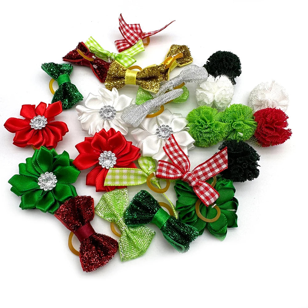 50pcs Christmas Small Dog Grooming Bows Xmas Style Pet Puppy Hair Bows Rubber Bands Dog Hair Accessories Pet Supplies for Dogs