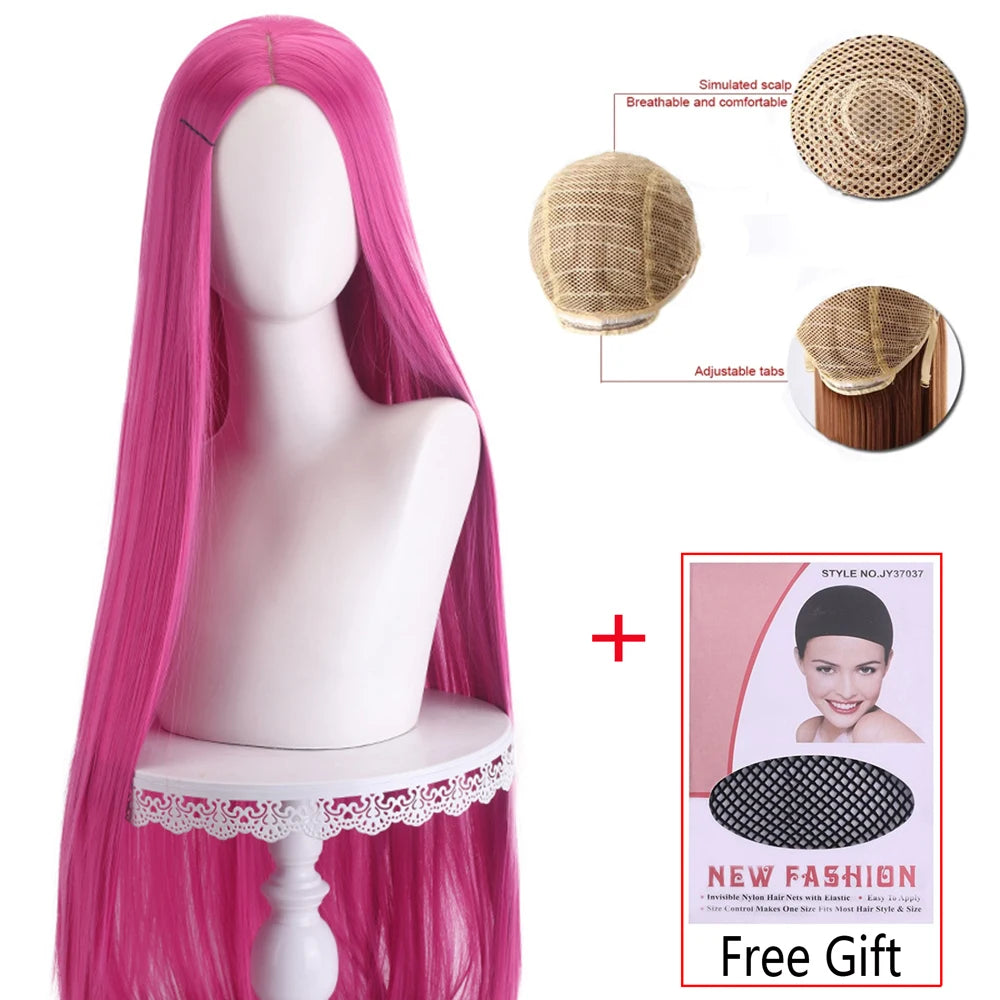Long Straight Cosplay Wig 100cm Centre Parting Central Split Blond Pink Red Purple Heat Resistant Synthetic Hair Wigs