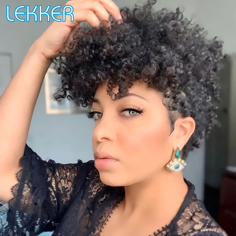 Lekker Short Pixie Cut Afro Kinky Curly Bob 100% Human Hair Wigs For Women Brazilian Remy Hair Full Machine Made Clearance Wigs