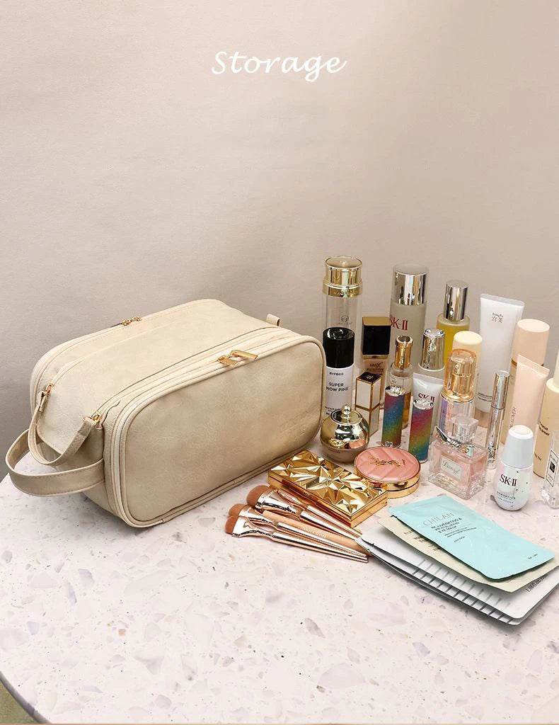 Multifunctional Makeup Bag For Women PU Leather Large Capacity Portable Double Zipper Travel Makeup Brush Toiletries Storage Bag