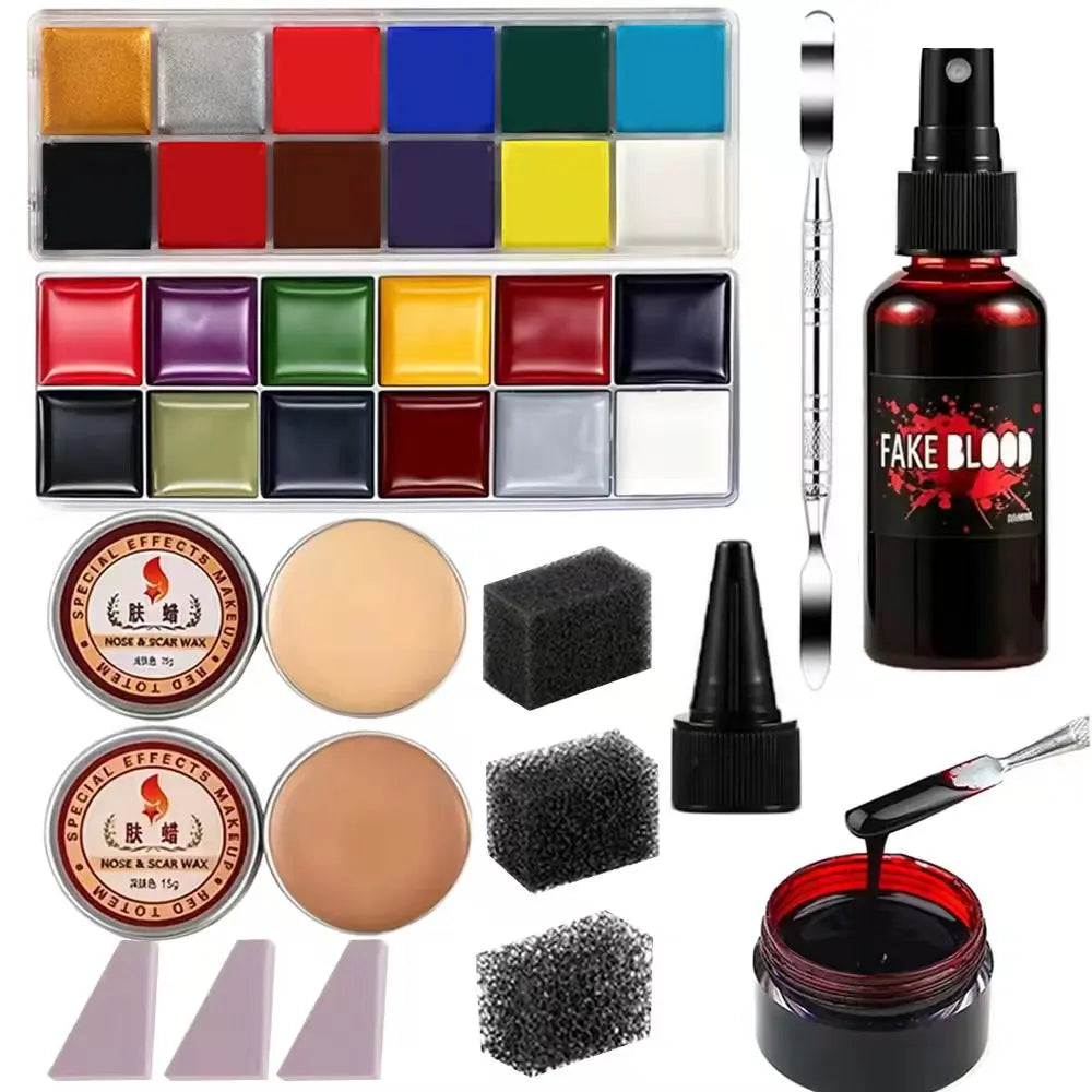 Special Effects SFX Halloween Makeup Kit - 12 Colors Face Body Paint Palette + Scar Wax with Spatula Tool + Fake Blood+Spong
