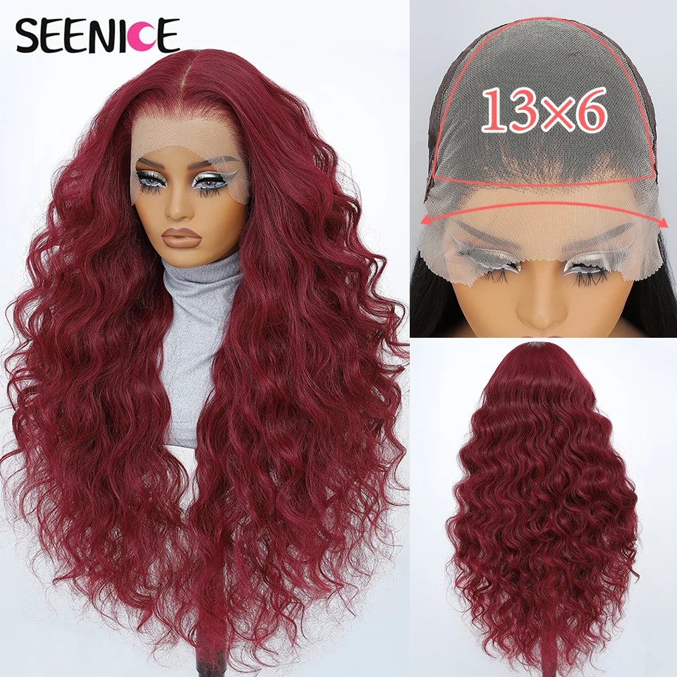99J Burgundy Synthetic Lace Frontal Wig 13x6 Body Wave Long Deep Wavy Ombre Black Lace Wigs for Women Heat Resistant Cosplay Wig