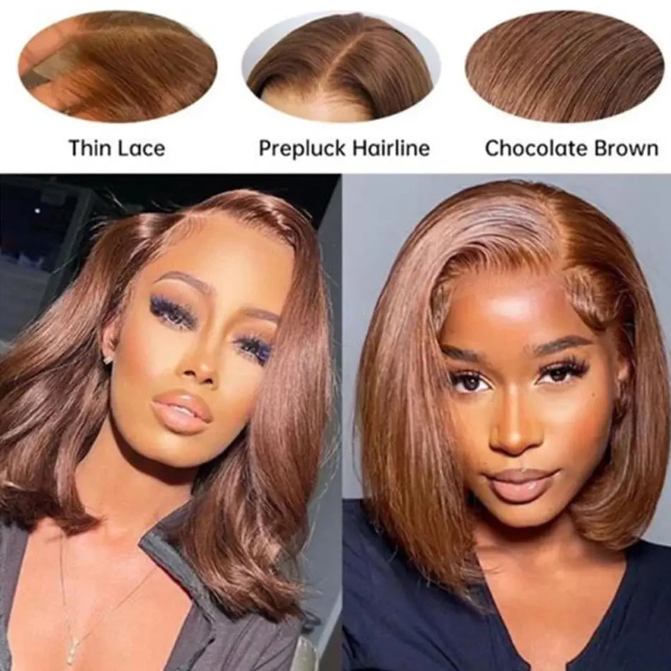 8-16 Brazilian Short Bob Wigs #4 Brown Straight 13x4 HD Transparent Lace Frontal Wigs Pre Bleached Glueless Short Bob Wigs Hair