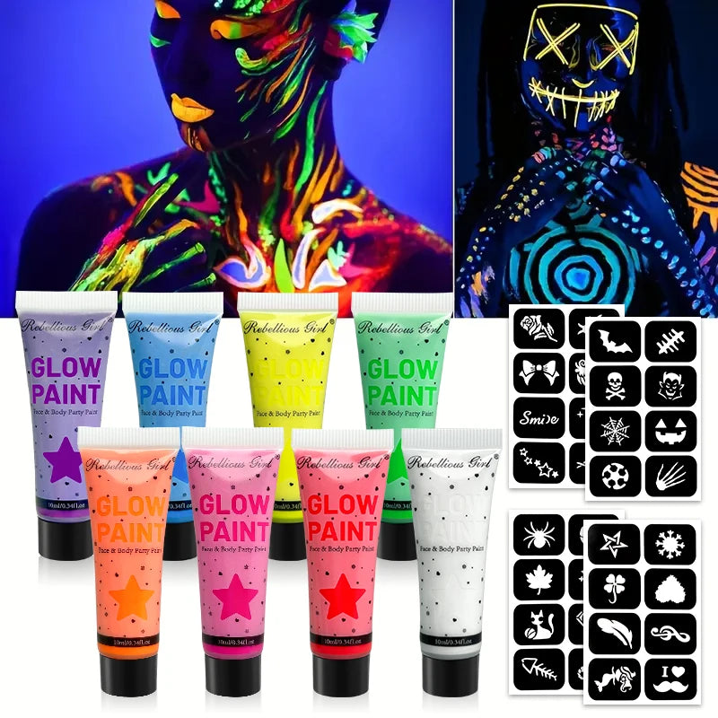 10ml 8 Colors UV Blacklight Face Paint with tattoo stickers，Fluorescent Neon Body Paints,Washable Quicker, Mardi Gras Halloween