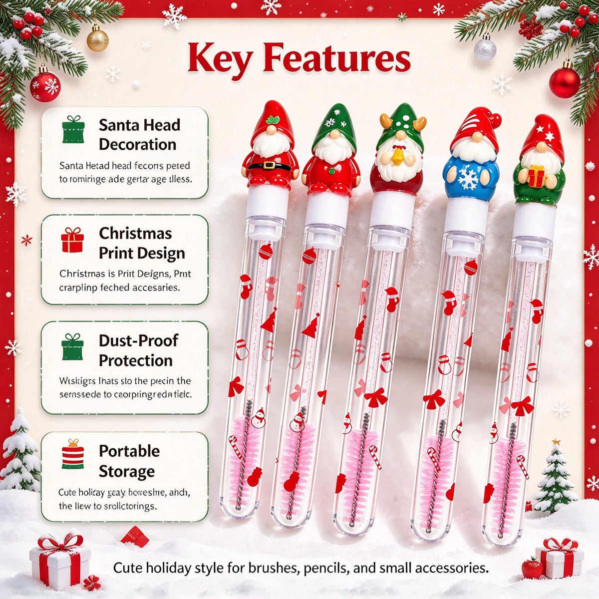 5Pcs Christmas Eyelash Brushes with Tube, Reusable Santa Mascara Wand, Dustproof Eyebrow Comb Spoolies Lash Extension Xmas Gifts