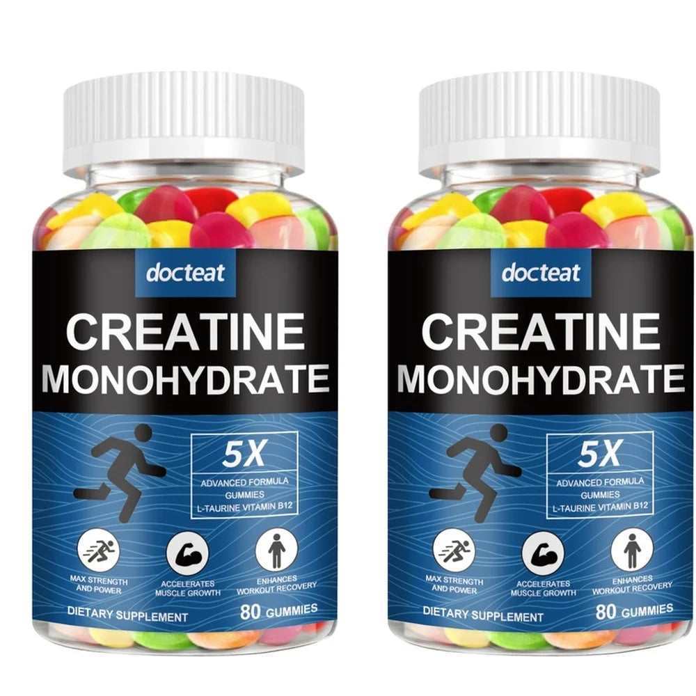 Docteat Creatine Monohydrate Gummies for Energy Support and Workout Recovery, Non-Sticky Sweet-Sour Chew, Easy Carry, 80 Gummies