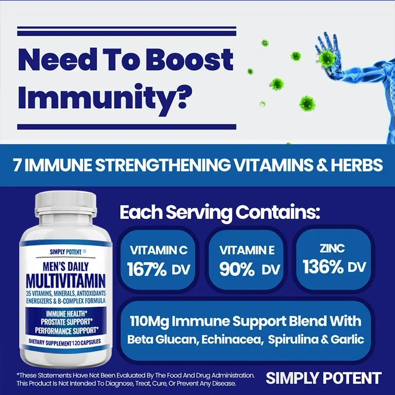 Daily Multivitamin for Men, for Prostate Energy Concentration Metabolism Immunity Vitamins: A C D E (B1 B2 B3 B5 B6 B7 B9 B12)