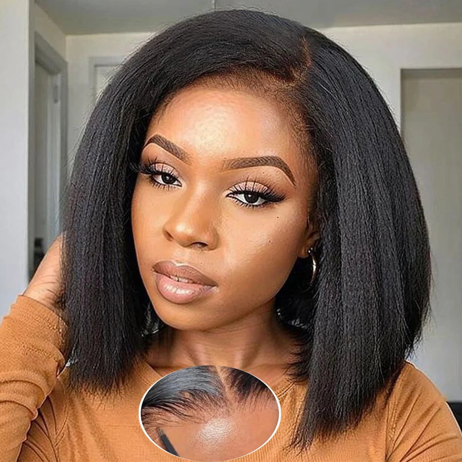100% Human Hair Bob Yaki Straight Glueless HD Lace Closure Wigs 4C Precut Kinky Straight 5x5 Lace Wig With Drawstring PrePlucked