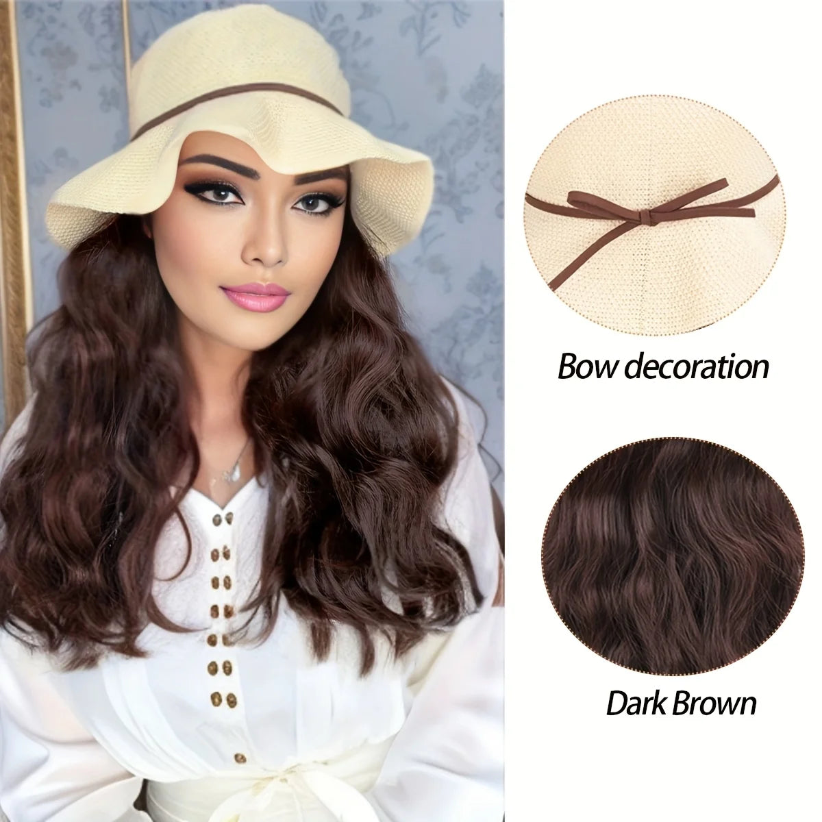 Synthetic Long Curly Wave Hair Women's Summer Sun Hat Wig - Breathable Bow Ribbon Fisherman Hat Wig hat wig in one