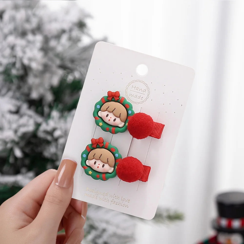 2Pcs/Set Christmas Baby Girls Hair Clips Ribbon Flower Tree Snowflake Resin Hair Bows Xmas Dance Party Hairpins Hairgrips
