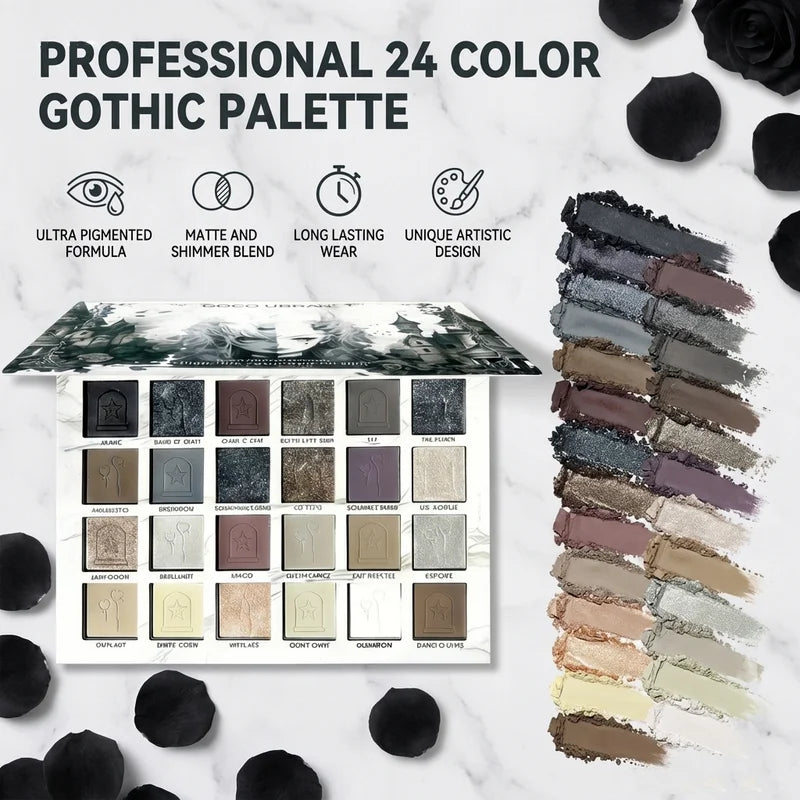 24 Colors Gothic Eyeshadow Palette with 12Pcs Colored Eyeliner Pencils, Dark Cool Tone Matte Shimmer Gray Black Smoky Eye Shadow Makeup Kit, Long Lasting Waterproof Color Eyeliner Set, Halloween Goth Makeup Gift Set for Women