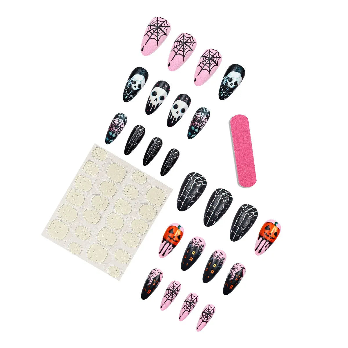 Halloween False Nails with Almond Head Designs Pumpkin Fake Nails French Full Cover Manicure Press on Nail Tips Ghost House