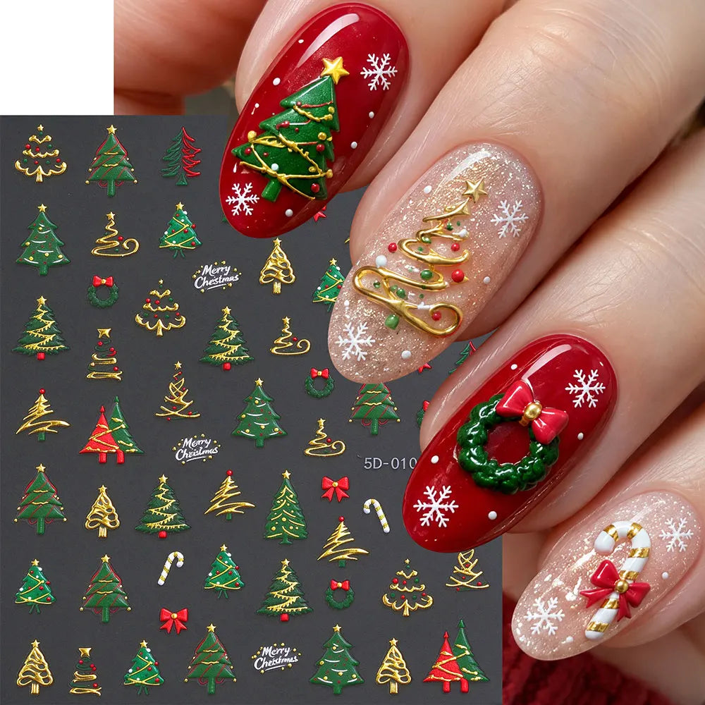 1Pcs 5D Embossed Christmas Tree/Bell/Wreath Nail Stickers Cute Gold Snowflakes Ball Bow Xmas Nail Decals Adhesive Nail Decora E2